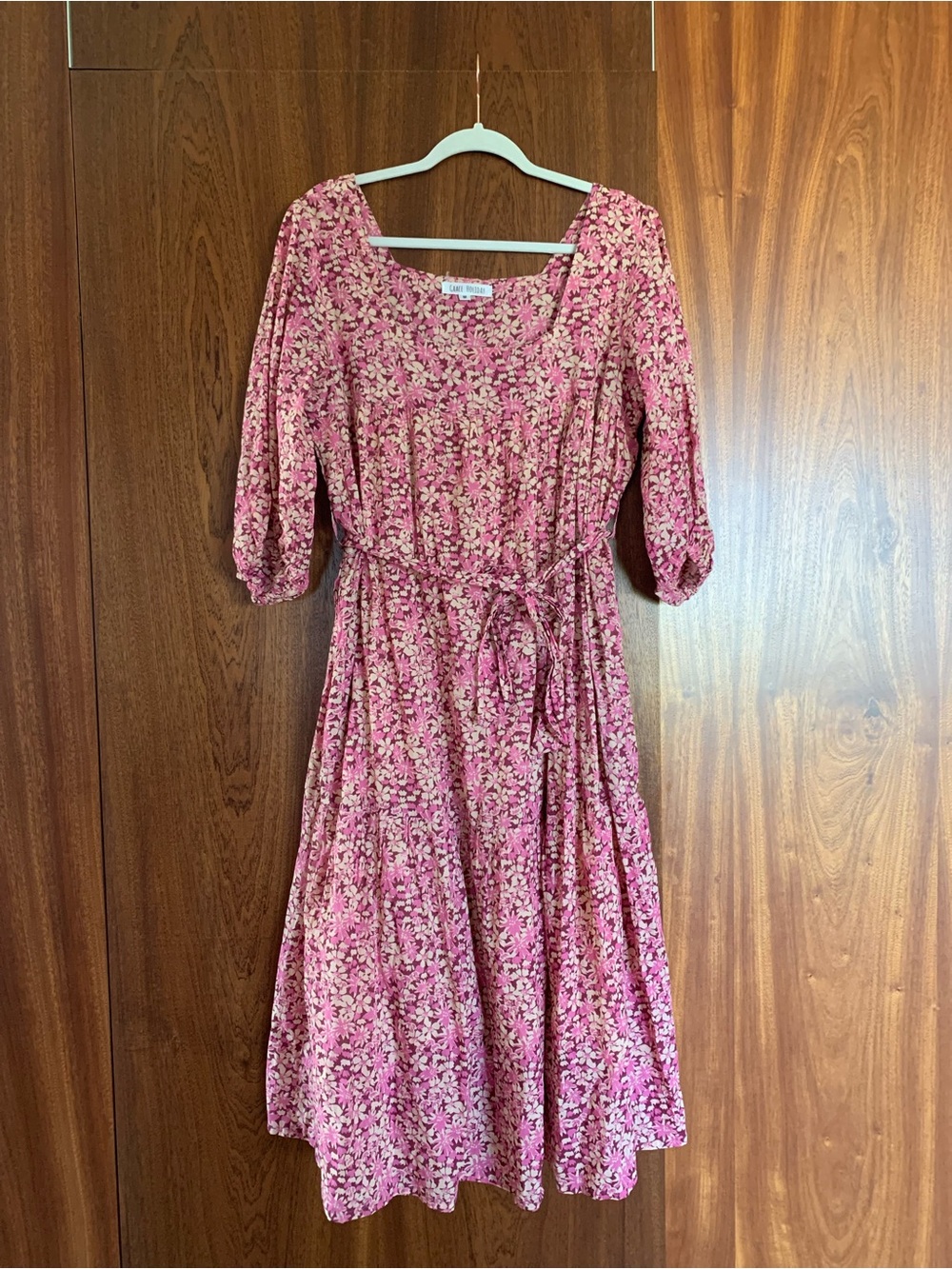 Grace Holiday Pink Floral Midi Dress with Tie Waist